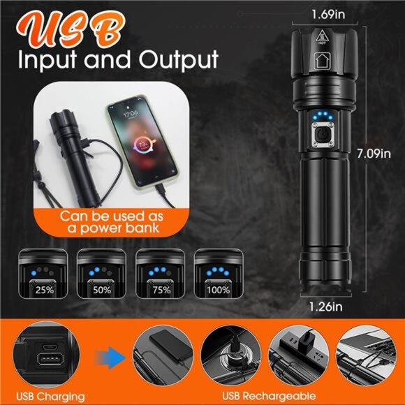 Powerful Flashlight 10000 Lumens, USB Rechargeable XHP70.2 Flashlights High - Picture 7 of 7